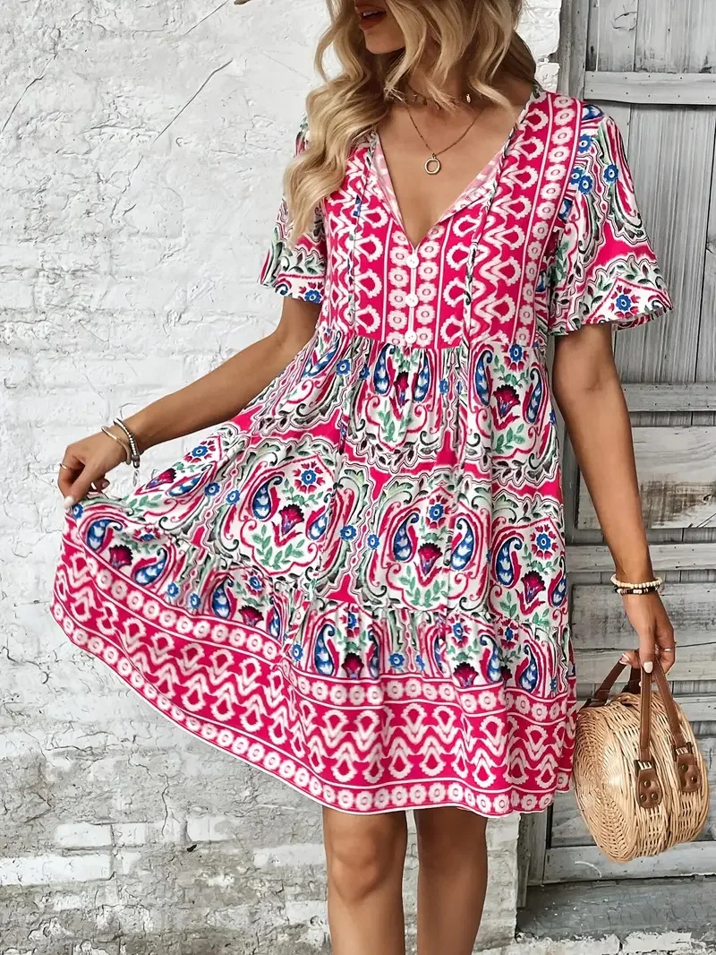 

Print Dress Women V Neck Lace Up Loose A Line High Waist Mini Dresses Short Sleeve Vestidos Button Lady Casual Bohemian Summer