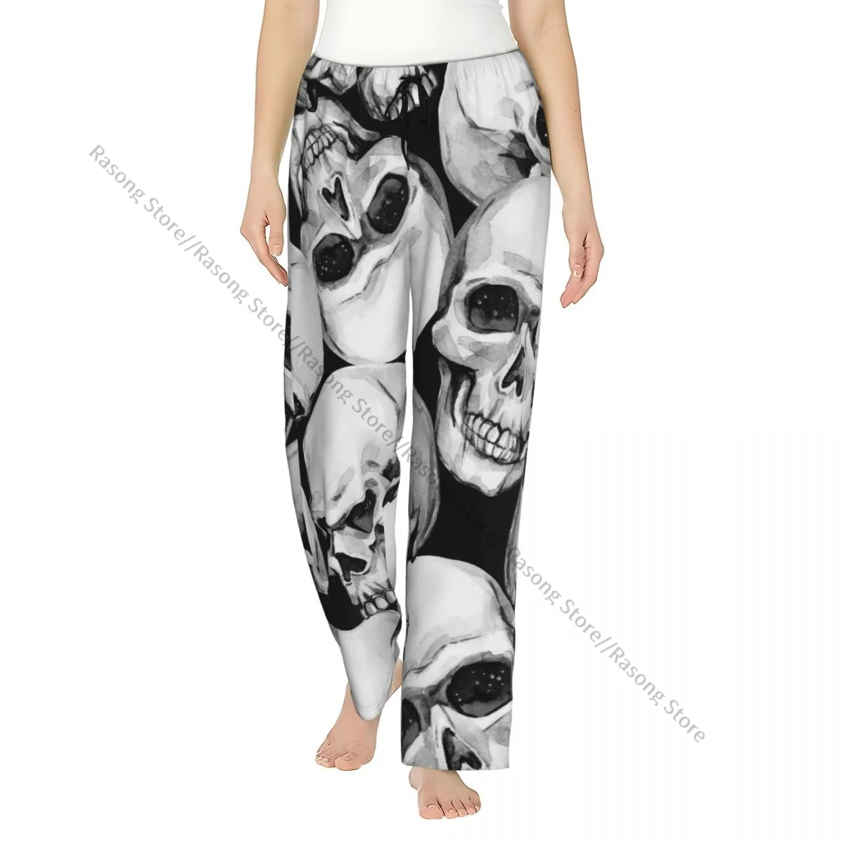 

Уютные фланелевые пижамные штаны для женщин, штаны для сна с акварельными черепами, домашняя одежда для дома