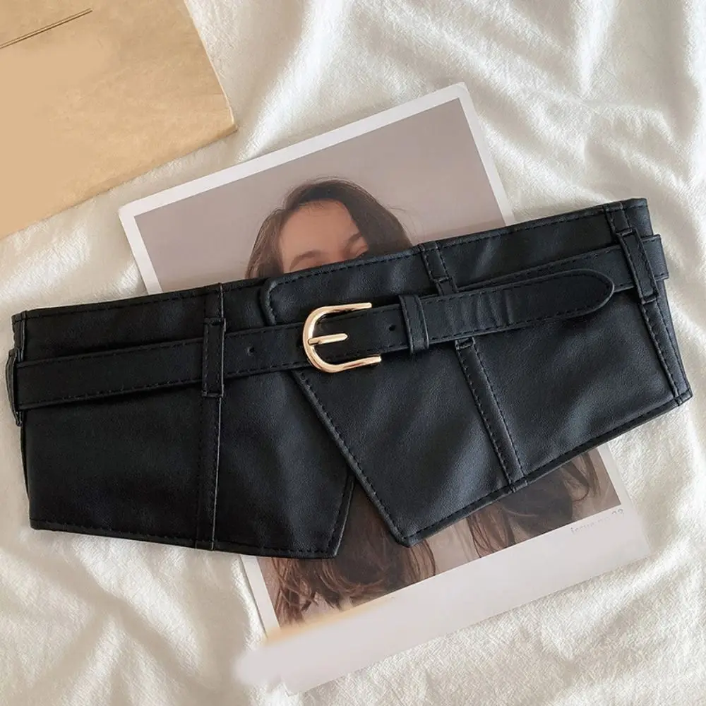 Elegant Adjustable Elastic Cummerbunds Black Solid Color Wide Belt PU Leather Slimming Waist Corset Outfits