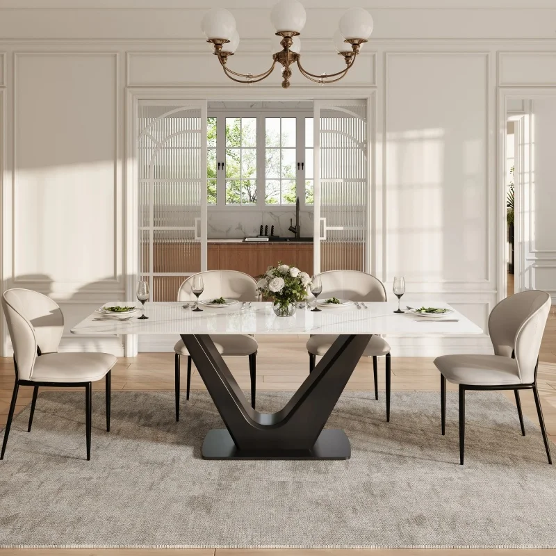 71 Inch Modern Rectangular Dining Table for 6 White Glossy Sintered Stone Top Dining Table With Metal Legs for Home & Restaurant