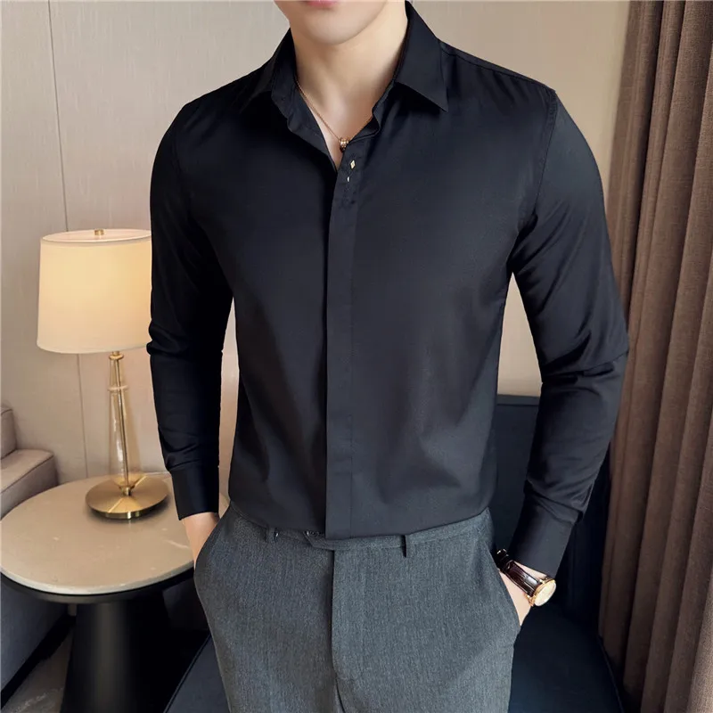 Men Shirts 2024 Spring British Style Anti-wrinkle High-EndSoft Solid Casual Elastic Slim Fit Shirt Long Sleeved Camisas Y Blusas