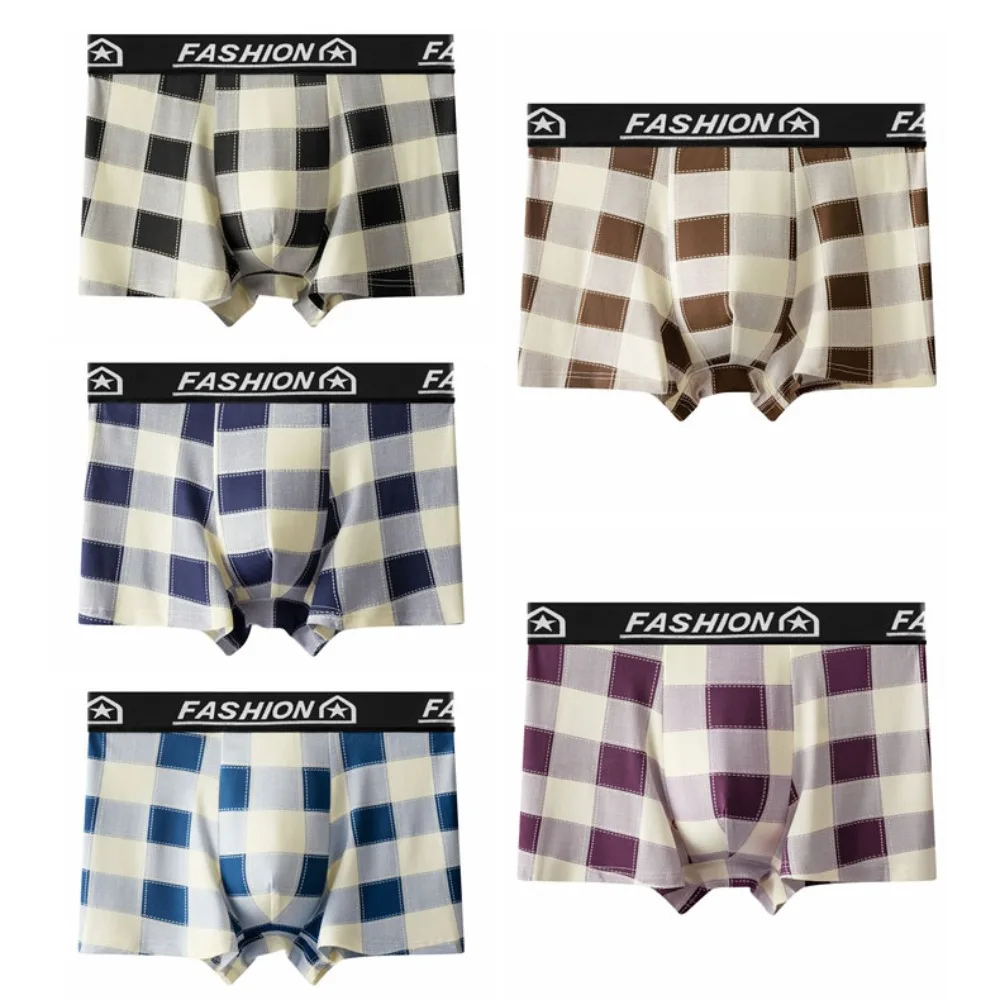 

5PCS Soft Striped Grid Men Underwear Plaid Mid-Waist Boxer Shorts Male Lingerie Elastic Seamless Panties Men