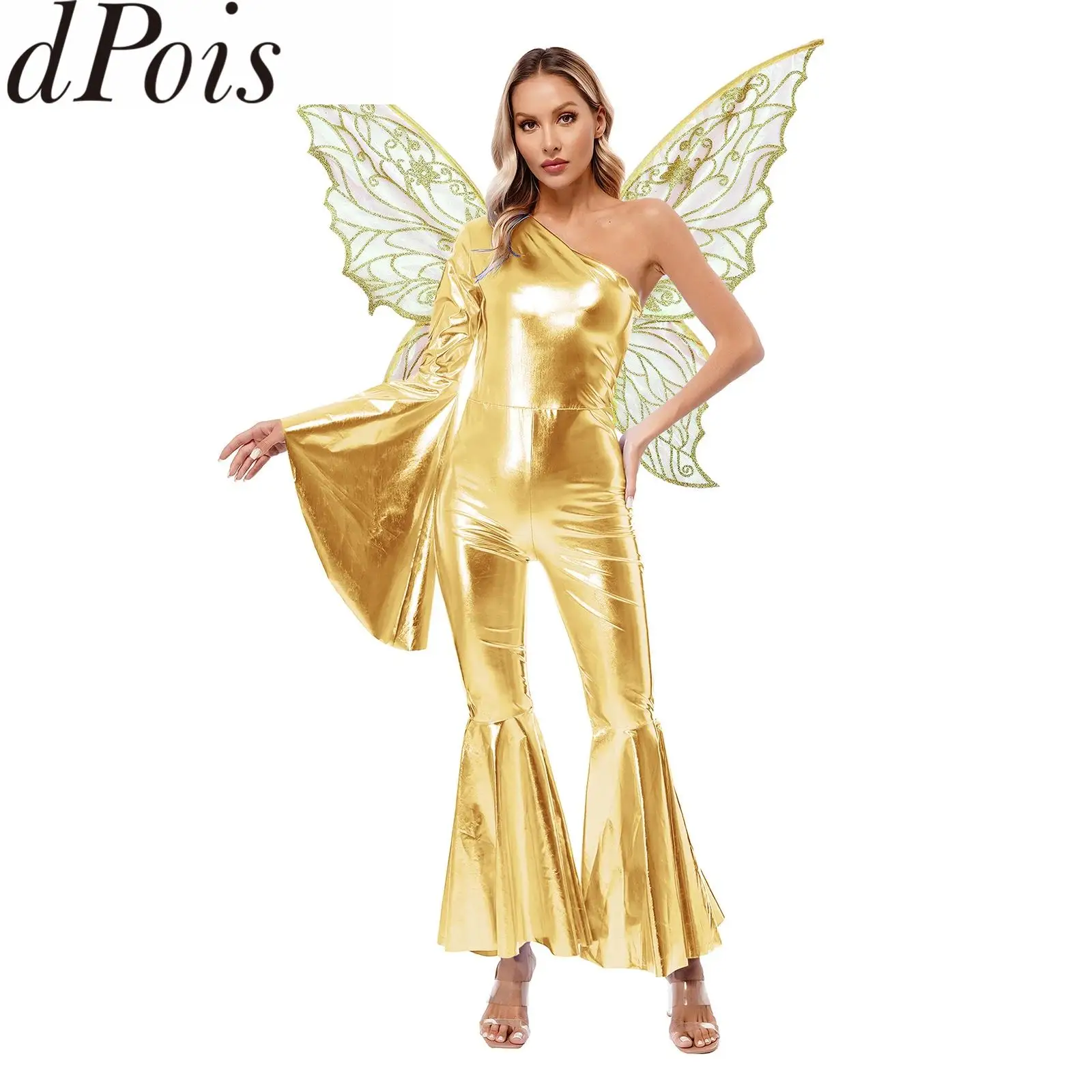 Women Disco Metallic Shiny Dance Jumpsuit One Shoulder Bell-Bottom Hippie Bodysuit with Butterfly Wings for Rave Jazz Dancewear