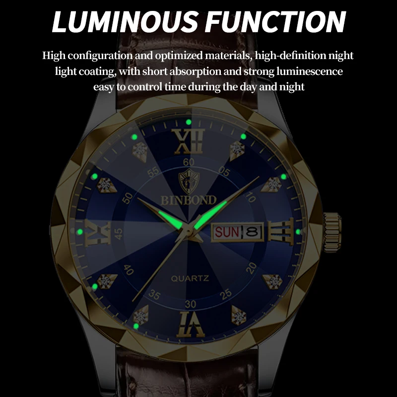 BINBOND New Fashion Mens Watches Quartz Movement Watch Luxury Leather Strap with Calendar Waterproof Sport Wristwatch For Man