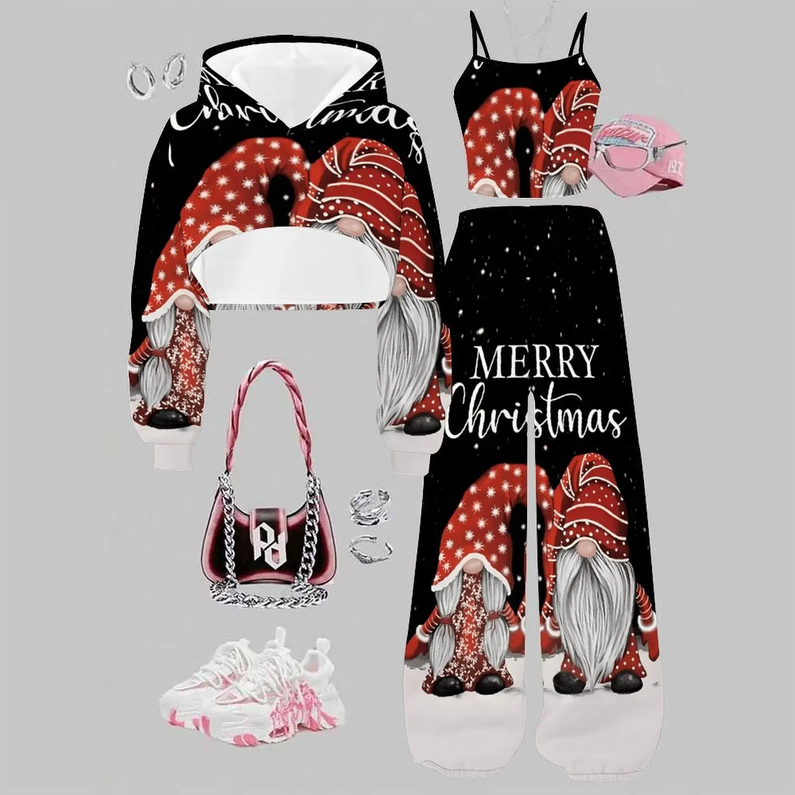 Girls Adorable Print Three-piece Soft Skin-friendly Breathable Hoodie Retro Fashion vest Daily  Beach Vacation Sweatpants