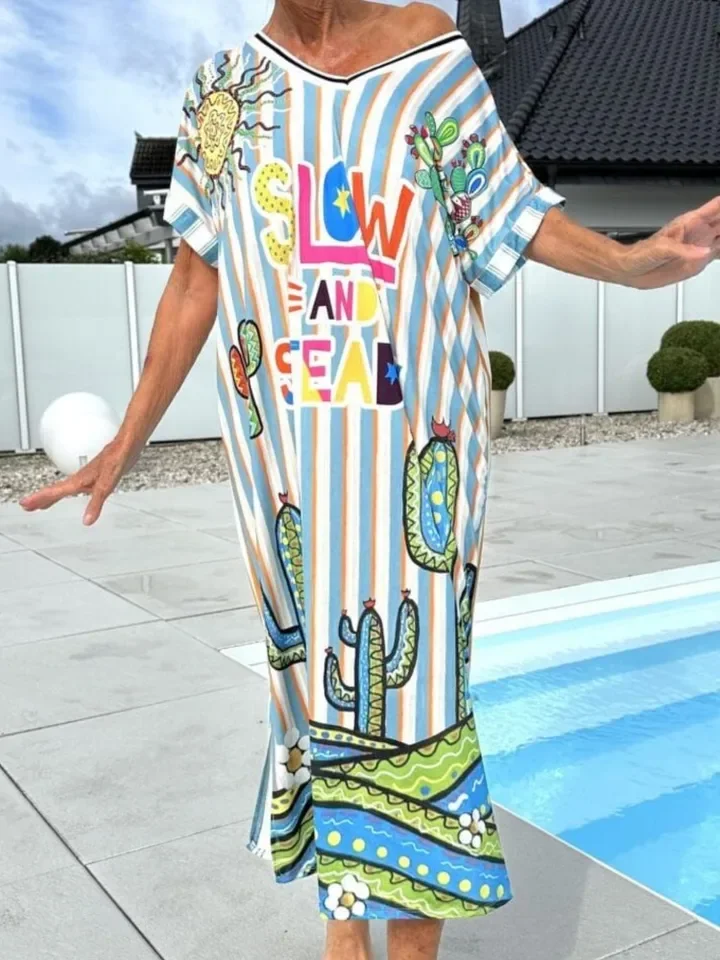 여성용 패션 프린트 루즈 드레스 캐주얼 반팔 브이넥 풀오버 드레스 여성 보헤미안 휴가 비치 스커트 로브 여성 의류