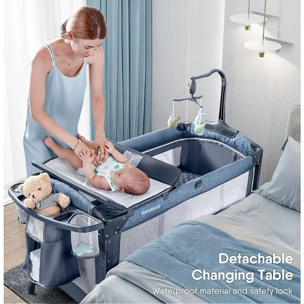 Portable Bedside Crib, Diaper Changing Table and Music Mobile from Newborn to Toddles, Pack and Play with Sheet