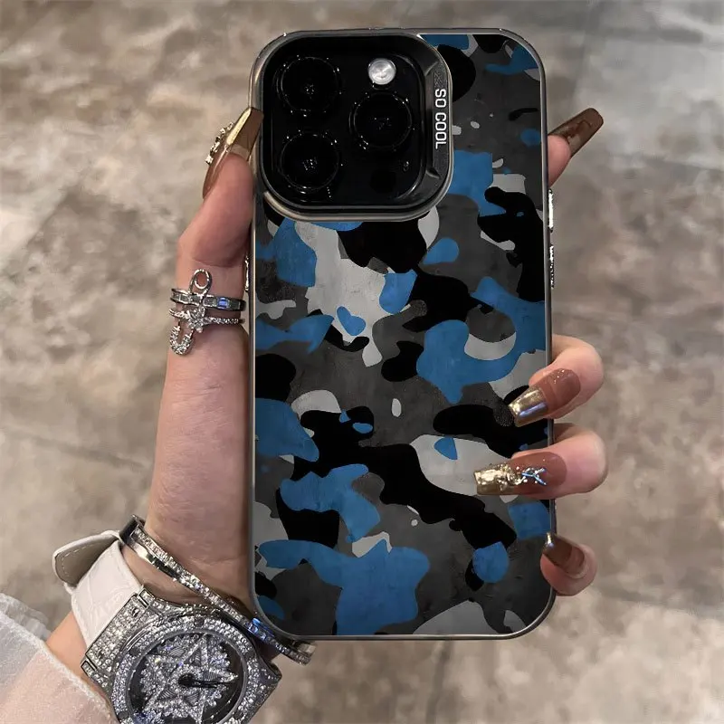 

Blue and white camouflage phone case for iPhone 16 15 14 13 12 11 Pro/ Max/Plus shock-proof rear cover anti-fingerprint