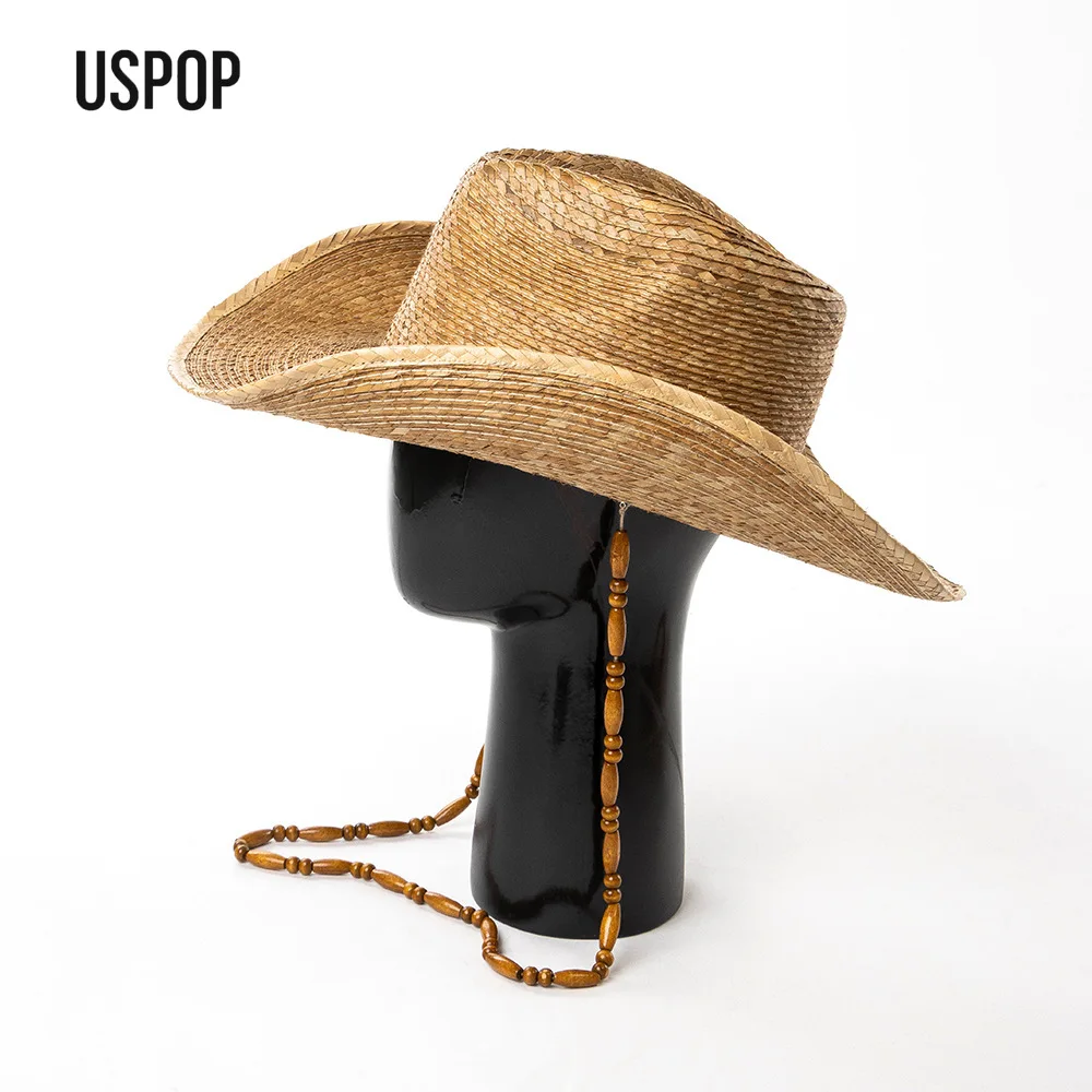

USPOP Handmade Palm Leaf Cowboy Hat Wide Brim Upturned Sun Hat with Wooden Bead Chain Summer Beach Travel Outdoor Straw Hat