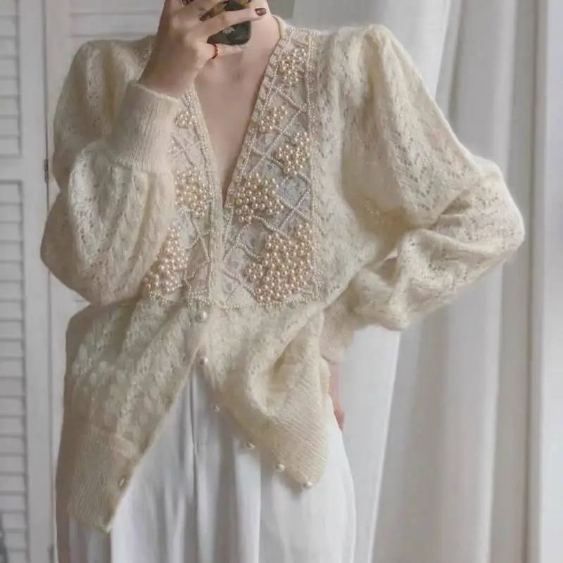 Pearl Inlaid Cardigan Sweater Jacket Women's Spring 2026 New Cashmere Sweaters V-neck Loose Female Clothes Knitwear Tops