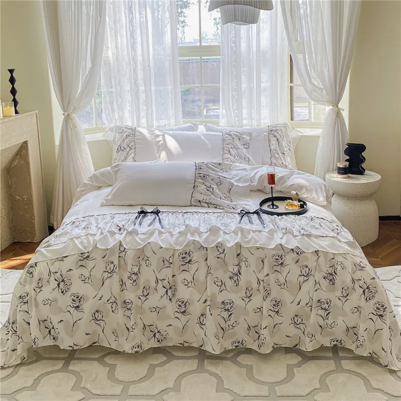 

Lace Style Duvet Cover with Pillowcase Printed Quilts Cover Single/Queen/King Size Comforter Cover Girls Room Bedding 이불커버