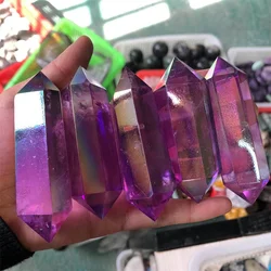 Natural Gemstones Quartz Crystal Aura Purple Doubled Wand Point Polished Healing Reiki Gems Home Decoration