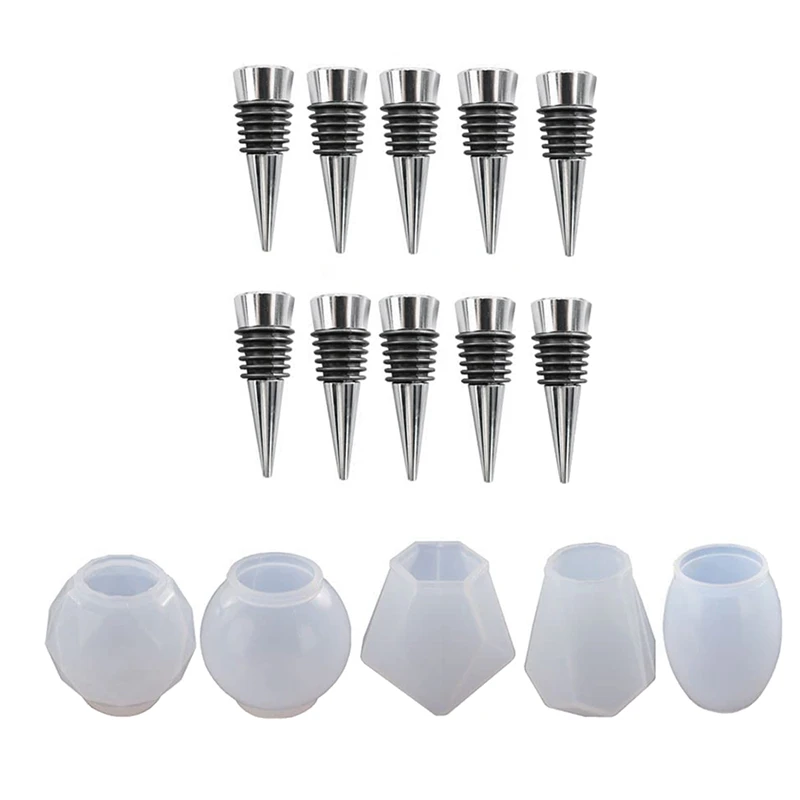 5 Piece Geometric Spherical Bottle Stopper Resin Casting Molds, W/10Pcs Stoppers, Wine Bottle Stopper Silicone Molds