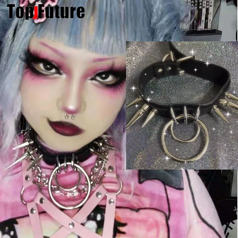 Harajuku Gothic women lolita cosplay Punk necklace spike streetwear Subculture Spice Y2K Girl Collar Heart PU Leather choker