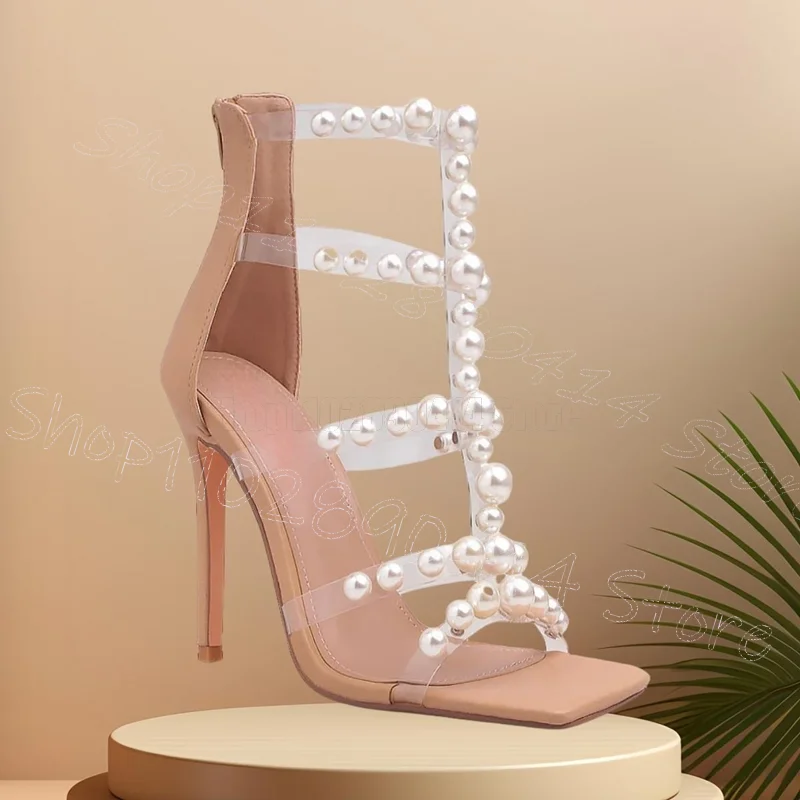 

White Pearl Design Cyan Open Toe Sandals Back Zipper Women Shoes Thin High Heels Fashion Party Banquet 2026 Zapatos Para Mujere