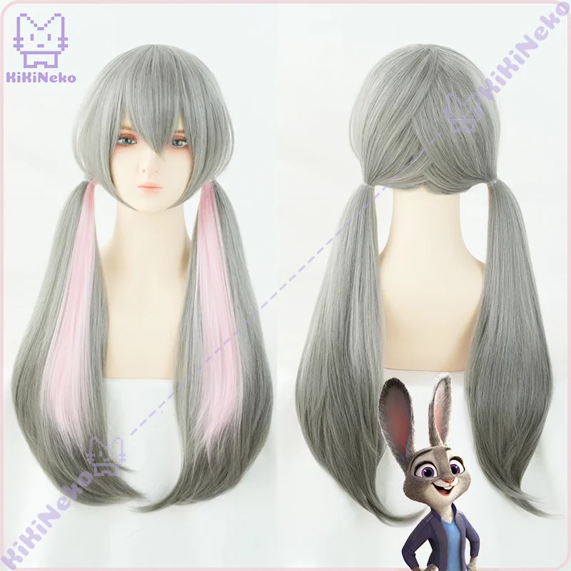 Filme Judy Cosplay Peruca Judy Hopps Cinza Rabo de Cavalo Duplo Destaques Rosa Para Comicon Festa Adulto Mulheres Homens