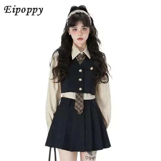 Style School Uniform Women JK Suit Vintage College Style Vest Pleated Skirt Set Fashion Daily Wear