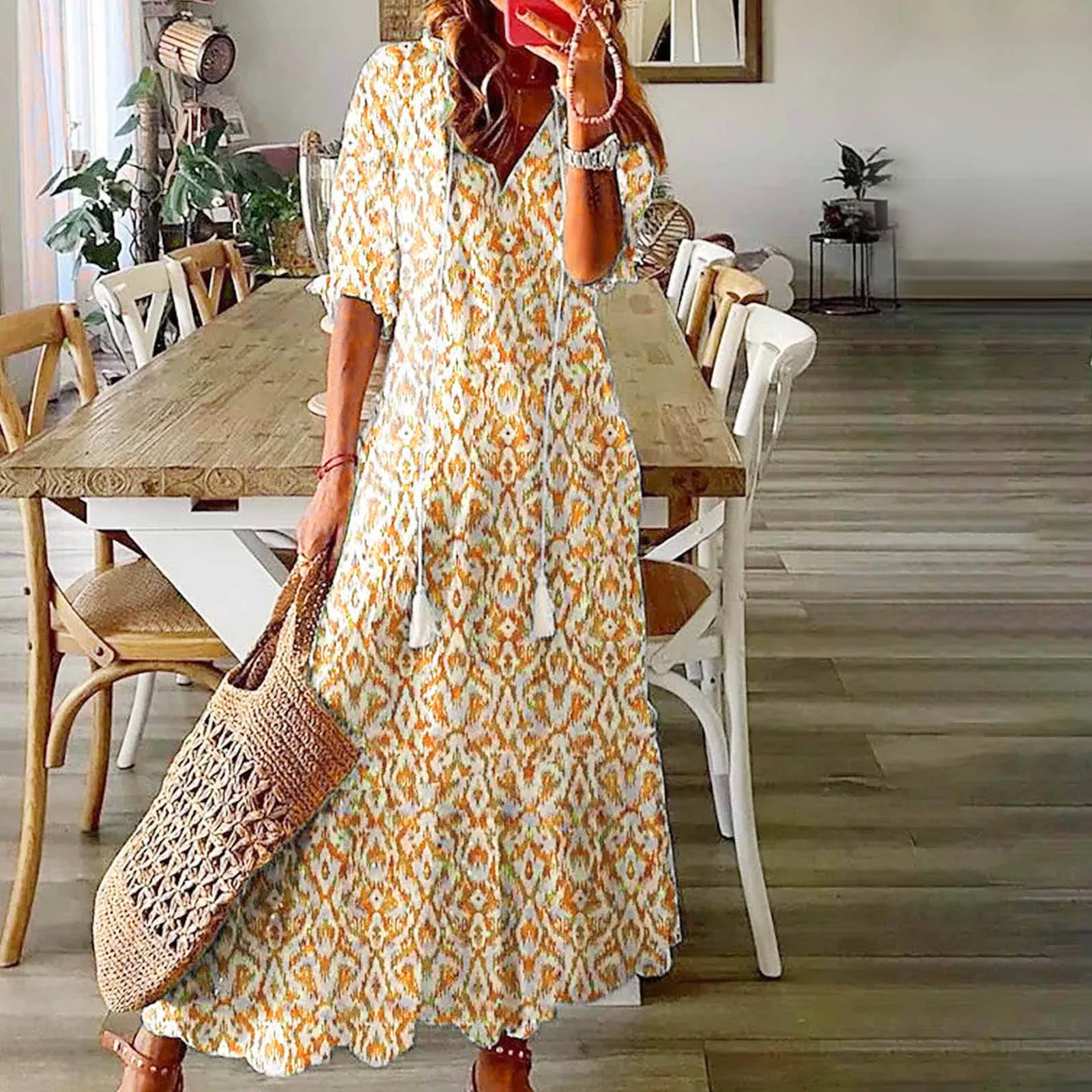 

Bohemian Beach Tassel Long Dress For Women Summer V-Neck Half Sleeve Maxi Dress Ladies Casual Printed Dresses Holiday Vocation