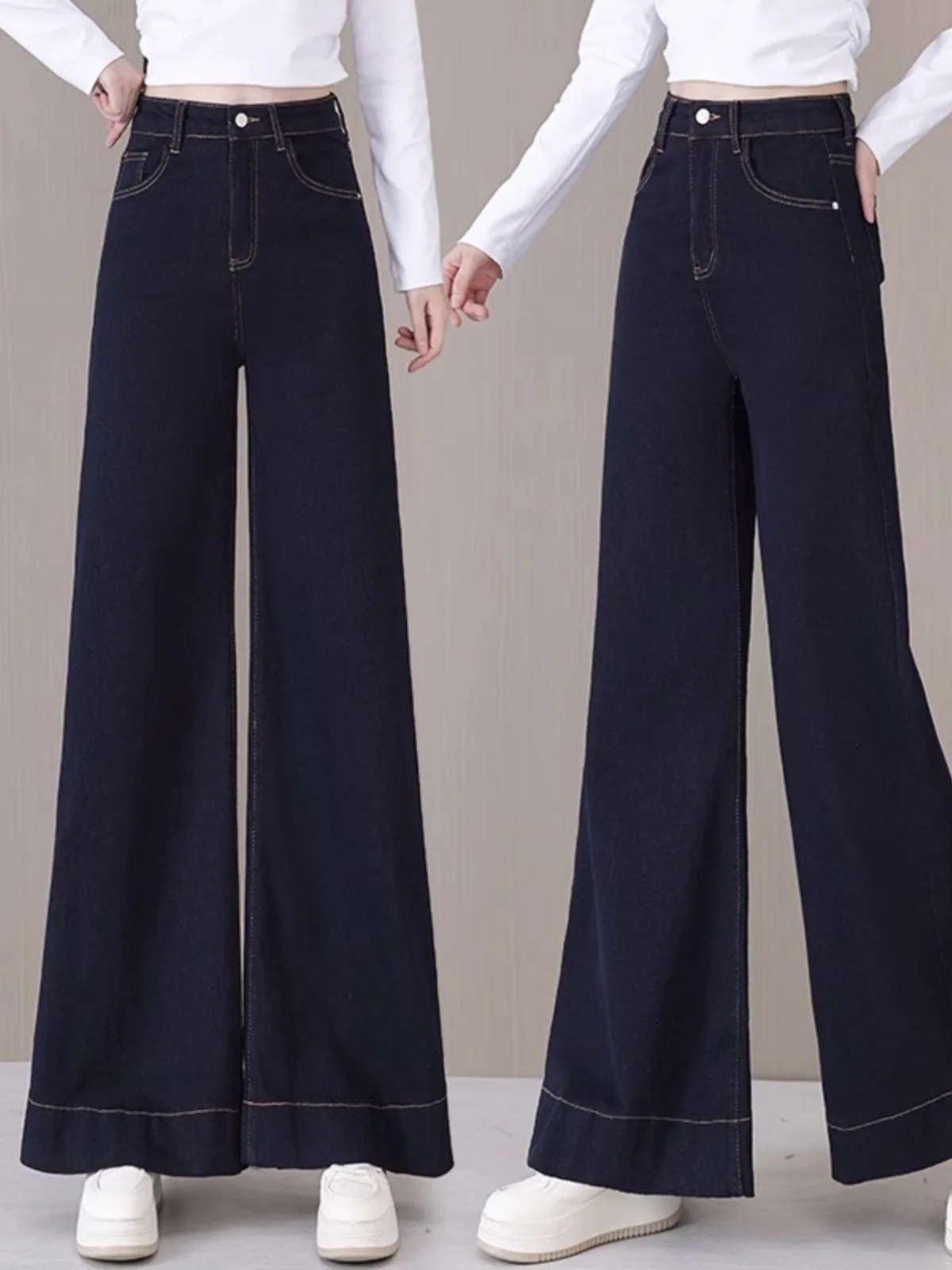 

High Waist Wide Leg Denim Jeans Women's Spring 2025 New Sle Bell Bot Straight Cut Long Trousers Deep Blue Jeans