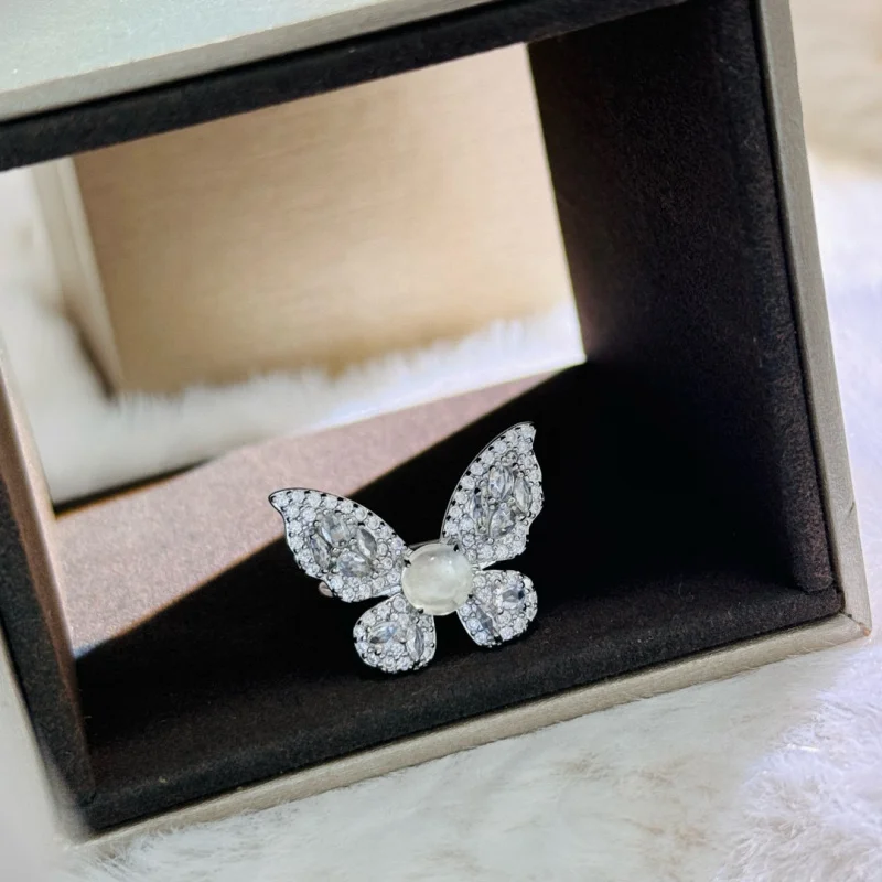 s925Sterling Silver National Style New Chinese Style Adjustable Mouth Butterfly Natural Water-Foam Jade Seiko High Sense Diamond