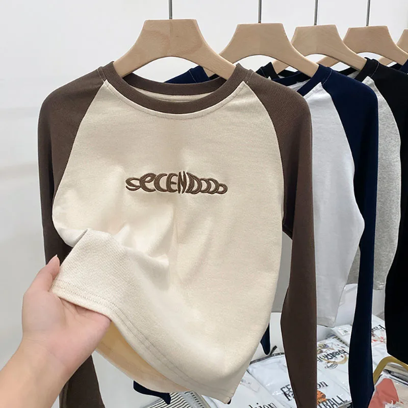 Autumn And Winter New American Retro Letter Long-Sleeve T-shirt Women Round Collar Fashion Students Wear Pop All-Matching Simple