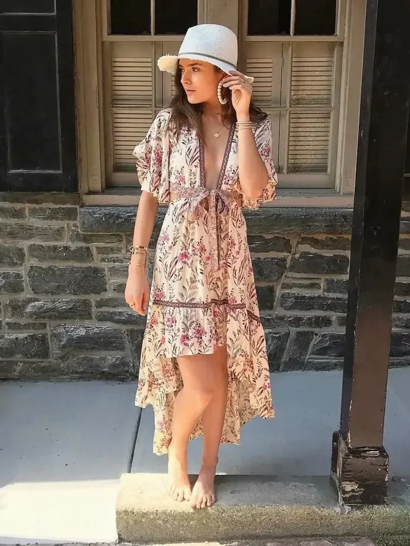 Women Hollow Out Sexy Beach Dress Bohemian Lady Short Sleeve High-Low Rayon Summer Vacation Boho Dresses Robe Dress H7ID