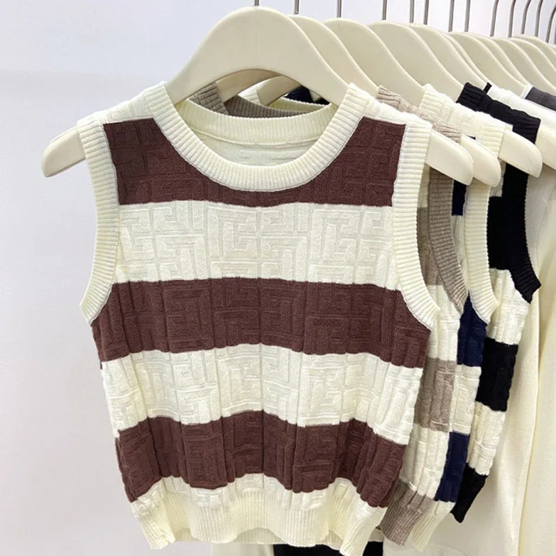 

Boring Honey Summer Assorted Colors Knitting Elasticity Women's Vest O-Neck Thin All-Match Crop Top Fashion Stripe Tops Women