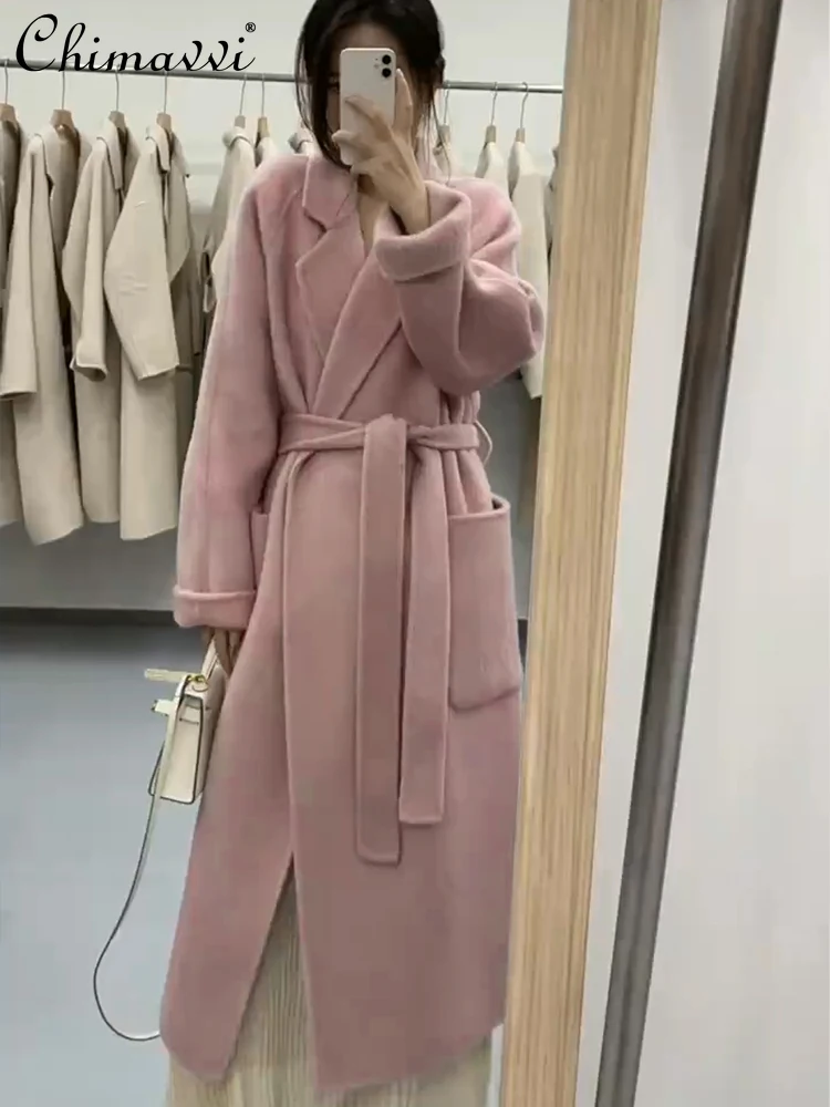 

Pink Double-Sided Cashmere Woolen Coat Women 2023 Winter New Fashion High-End Mid-Length Korean Style Loose Elegant Long Jackets