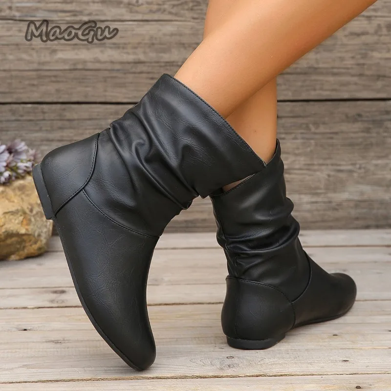 Größe 36-42 Herbst Frauen Leder Kurze Stiefel Slip auf Mode Plissee Runde Kappe Niedrigen Absatz frauen Stiefel botines Para Mujeres Botas – Detail 4