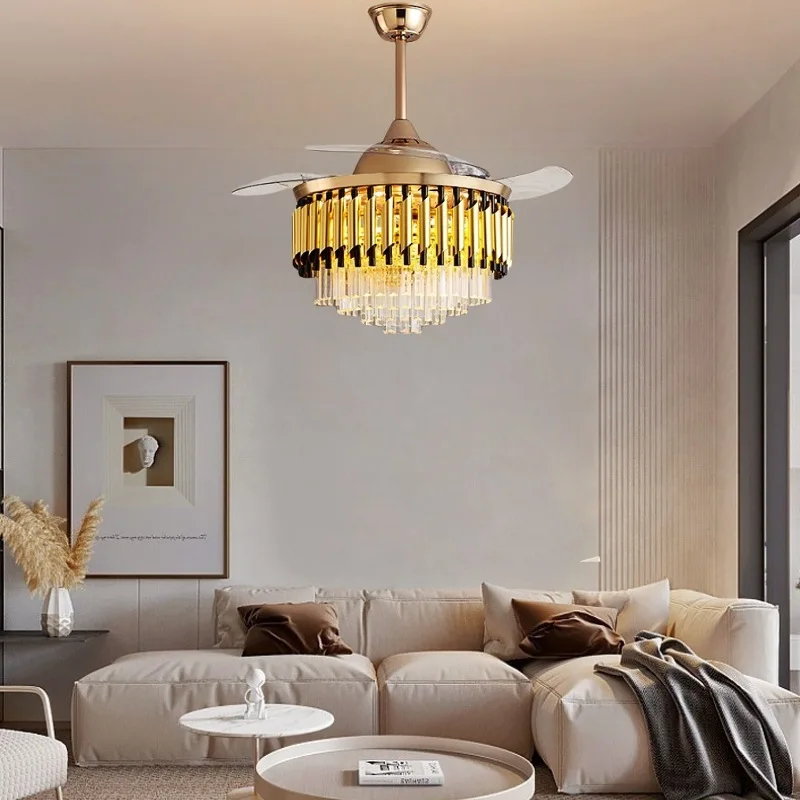 Inch Luxury Crystal Ceiling Fan Modern LED Chandelier Remote Control Fan Light Retractable Blade Bedroom