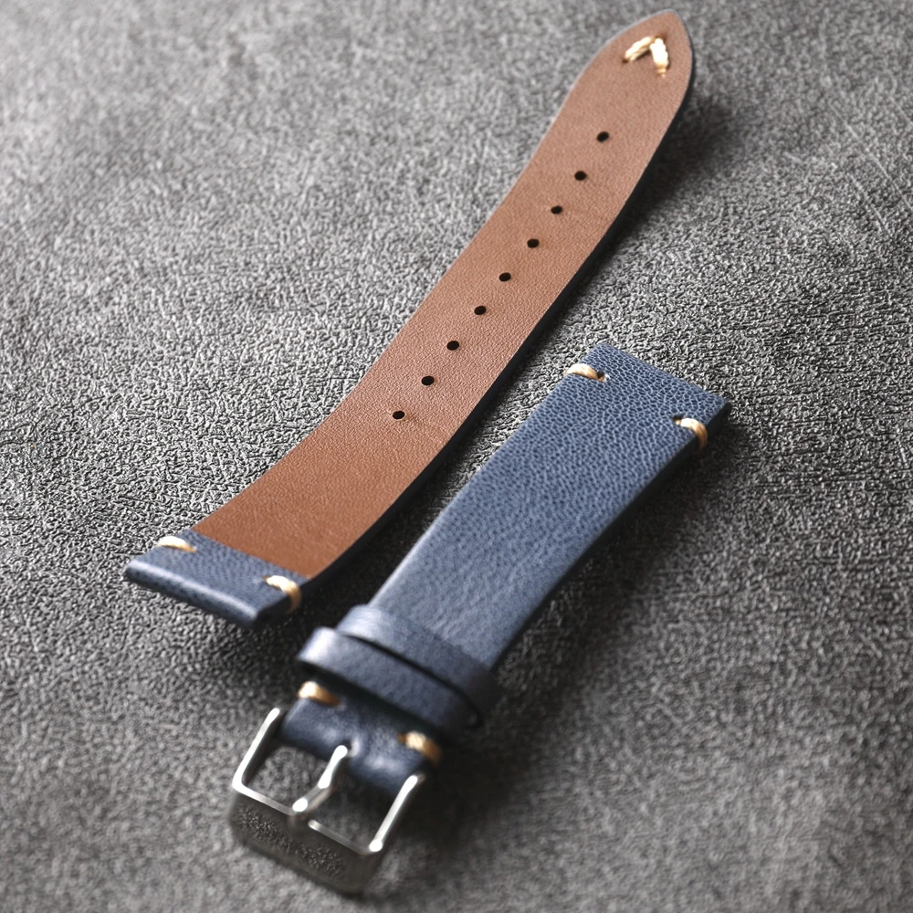 French Goatskin Strap, Handmade Blue Leather 20MM, Soft Style, Fine Leather Vintage Style Bracelet, Suitable For Antique Watches