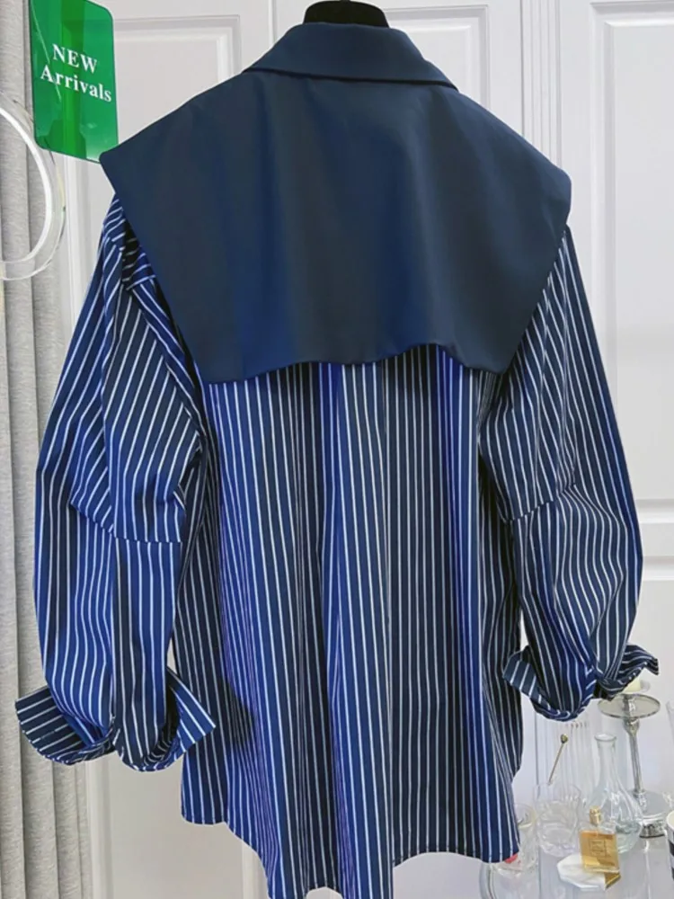 Outono inverno camisas femininas retalhos listrado senhora blusa gola de marinheiro casaul feminino topos roupas de manga longa