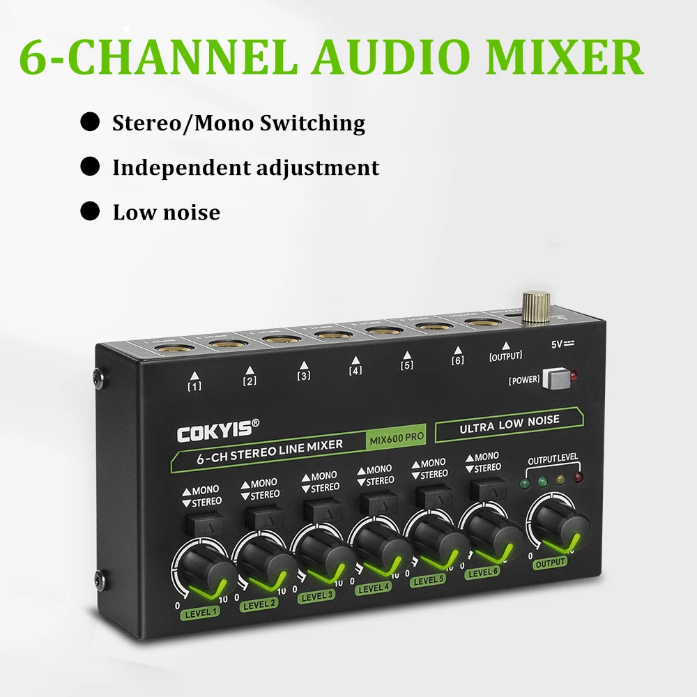 6 Channels Mini Audio Stereo Headphone Amp Volume Control Ultra Low-Noise Audio Mixer with RGB 6.35 Input for Stage and Studios