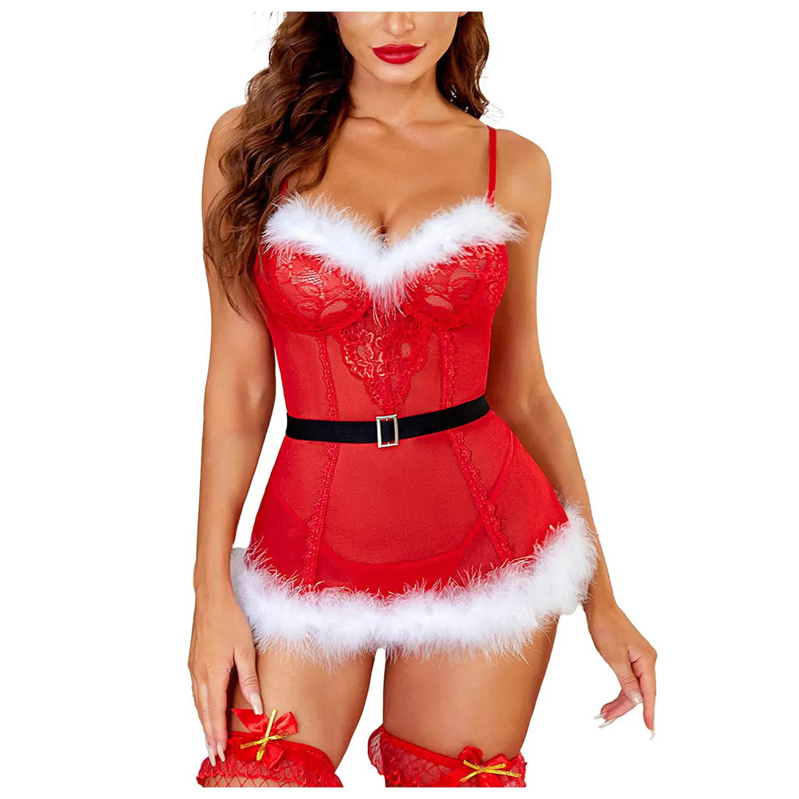 Women Sexy Christmas Cosplay Santa Claus Costume Carnival Theme Party Clubwear Plush Feather Trim Velvet Dress Leotard with Belt