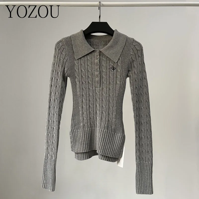 

[YOZOU] Chic Vintage Cotton Embroidered Polo Neck Slim Knitwear Knitted Top Women Korean Style Sweater Pullover Jumper Gray