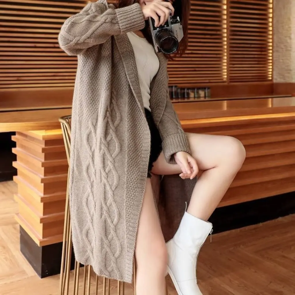 

Women's Mid-Length Lazy Style Cardigan Sweater Jacket Autumn Winter Chic Korean Loose Fit Thick Twist Open-Shirt