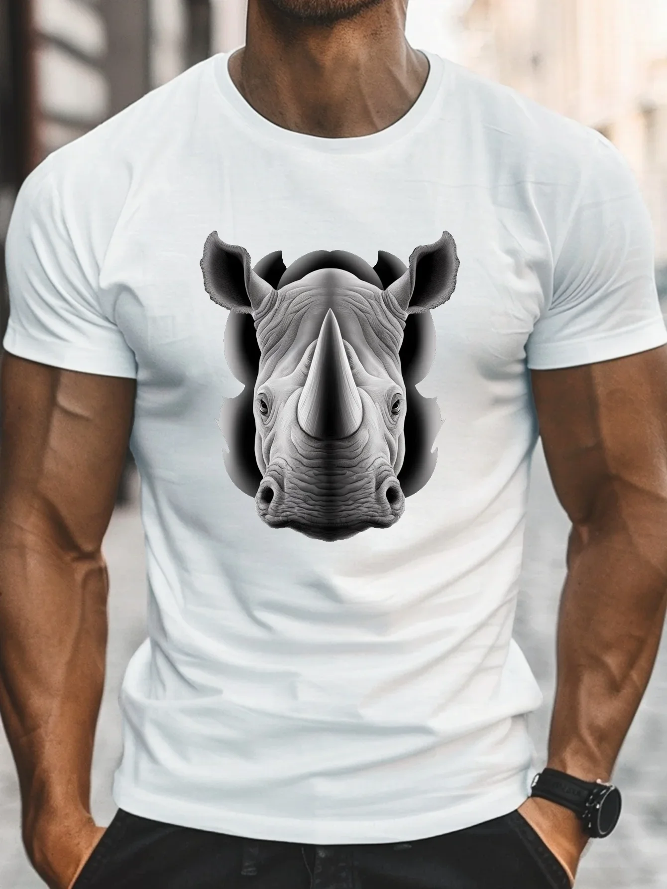 Funny Men's Realistic Rhino Graphic T-Shirt Wild Animal Rhinoceros Print Short Sleeve Tee Wildlife Lover Casual Streetwear Top