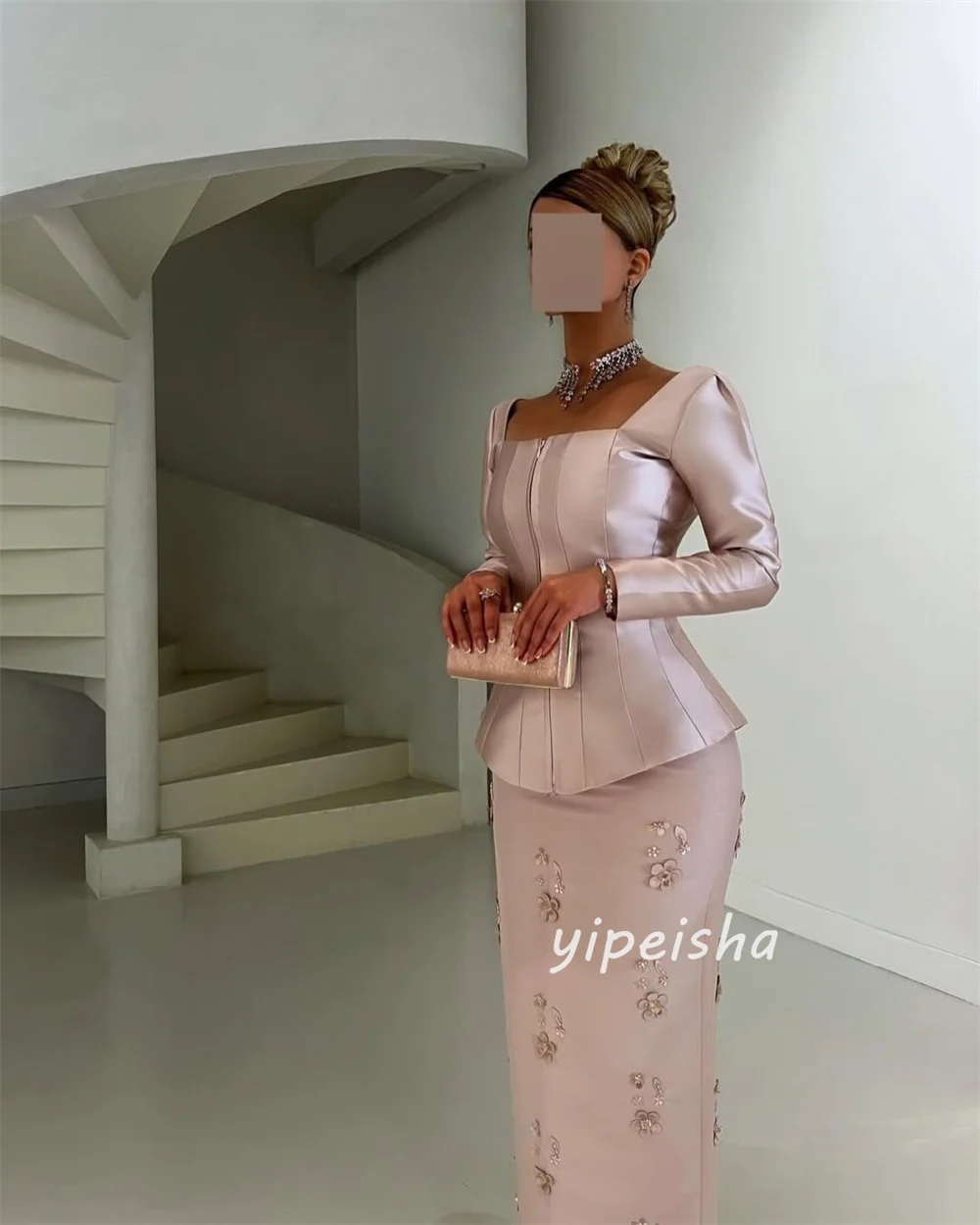 Customized Intricate Luxurious Handmade Flower Rhinestone Straight Square Neck  Ankle Length Evening Dresses for Woman Formal image 3