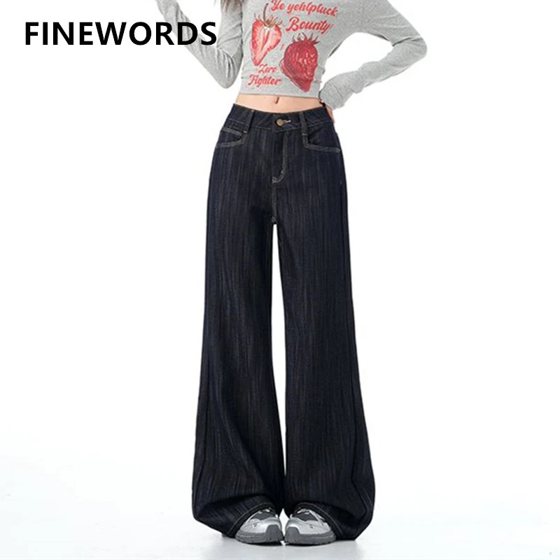 FINEWORDS Jeans svasati blu scuro coreani casual vintage da donna Jeans larghi a tutta lunghezza con fondo a campana Pantaloni in denim larghi Easymatch