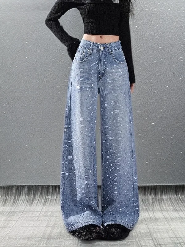 

Весенние женские джинсы с высокой талией и широкими штанинами, повседневные, с декором из страз, свободного кроя, прямые, длинные, с эффектом похудения