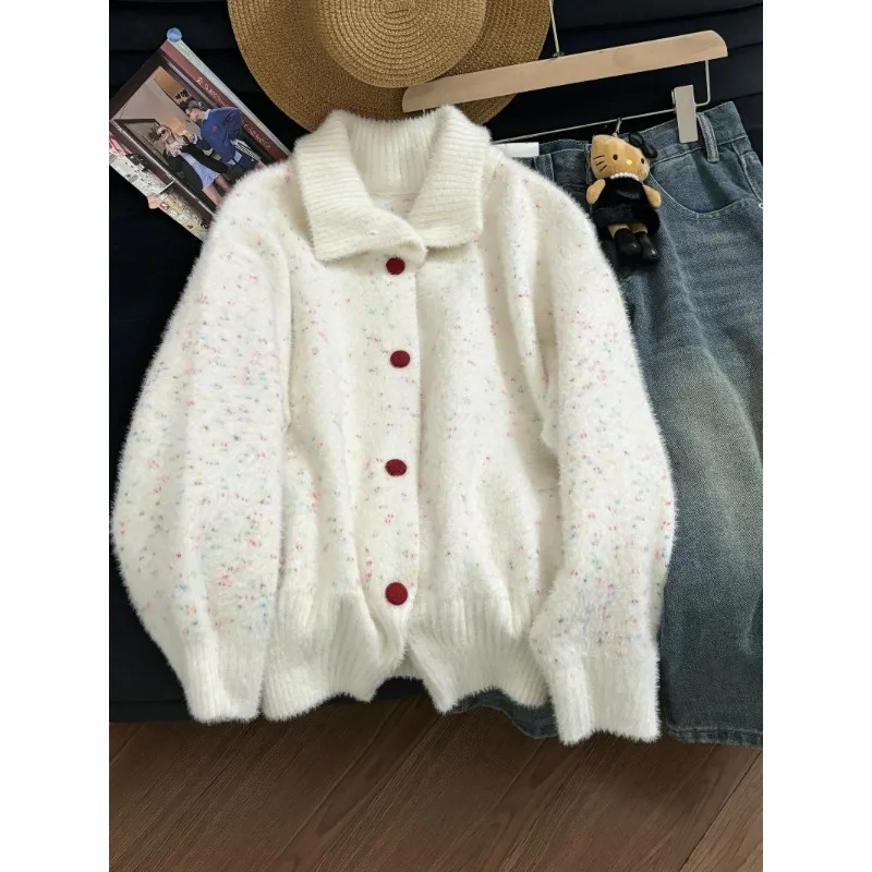 

2026 корейский ленивый стиль водолазка белый вязаный кардиган женский осенне-зимний новый утолщенный свитер куртка тонкий нишевый топ