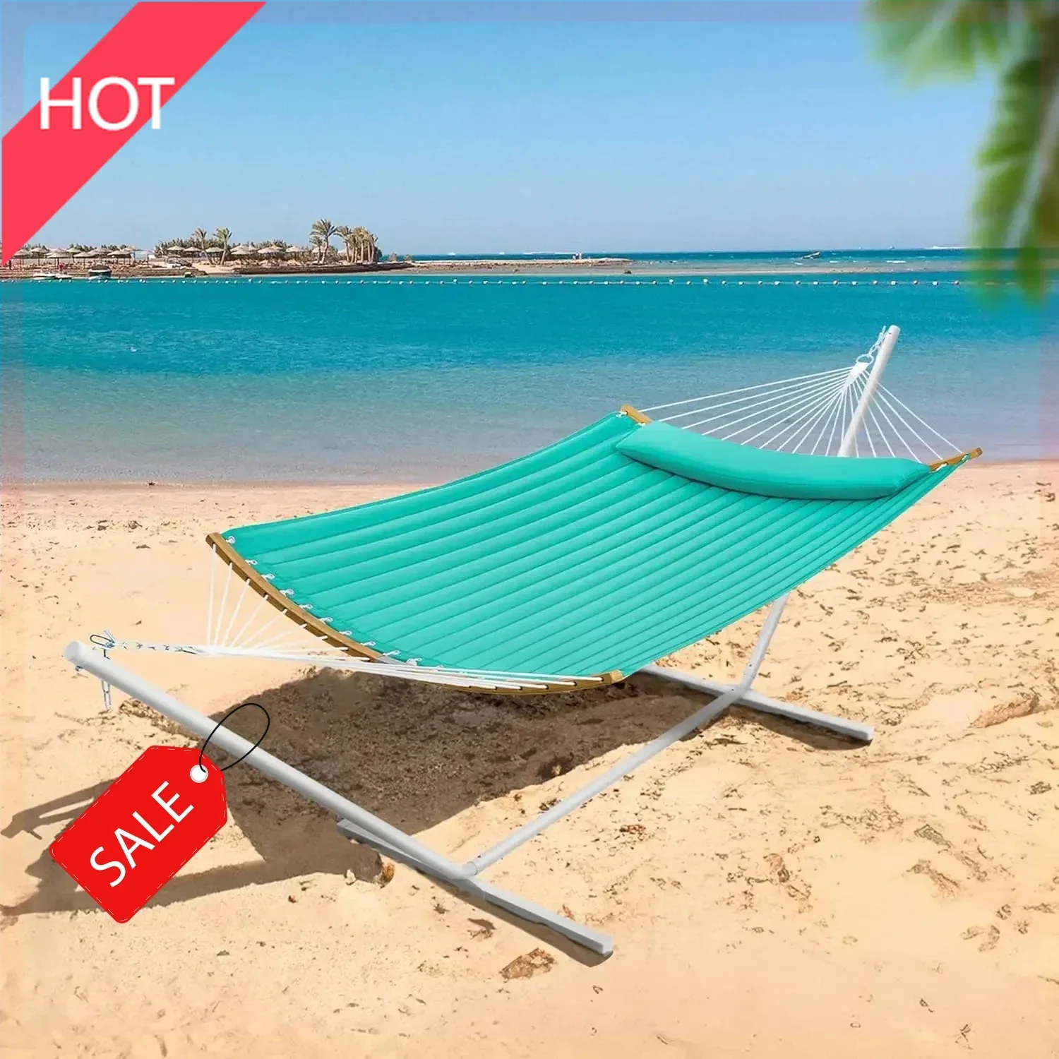 (XMSJ)Hammock with Stand, 2 Person Heavy Duty Hammock with Padded Cotton, Detachable Pillow & Strong Curved-Bar & Portable Carry