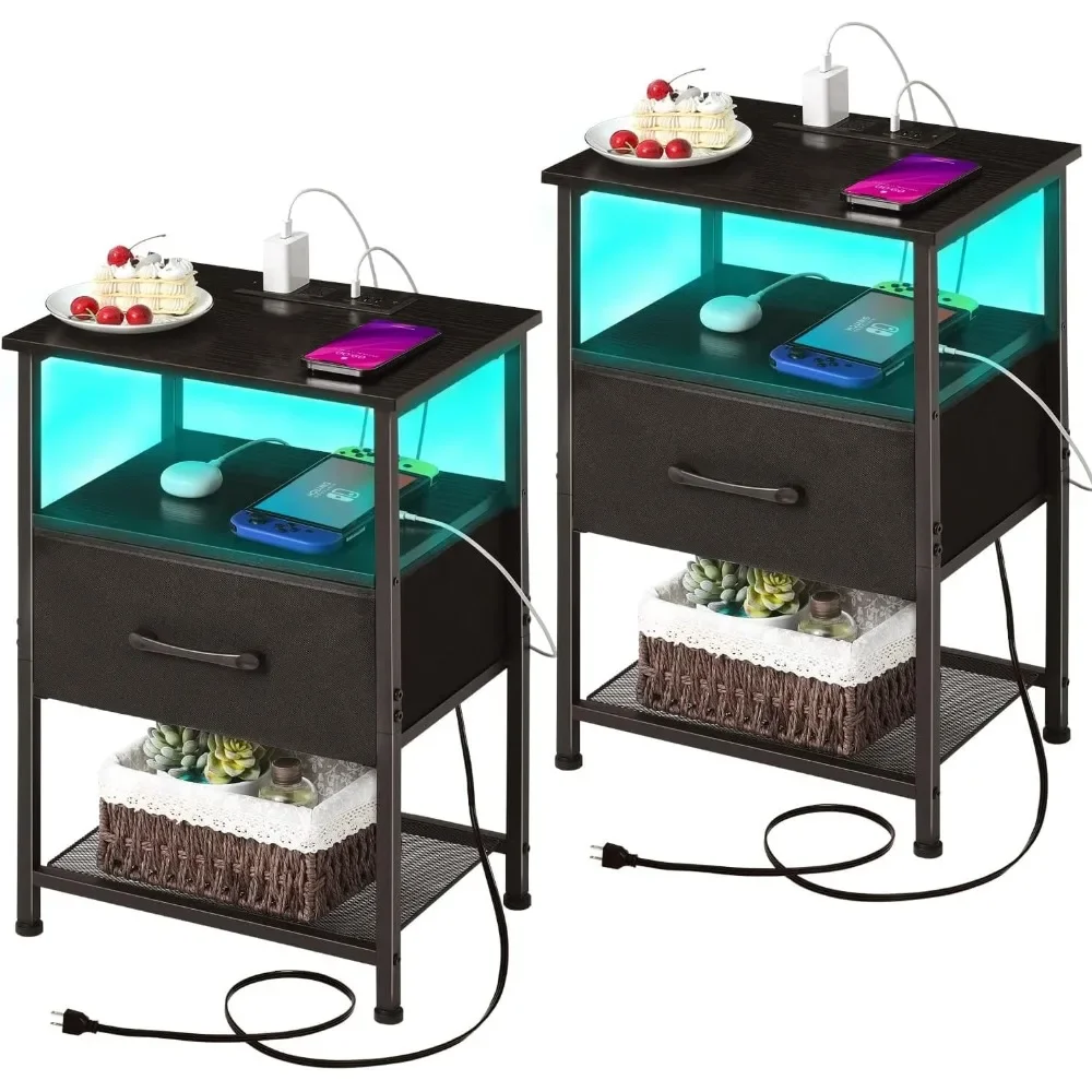 Fast Charging Station and Drawer, End Table Bedside Table with 20 Colors LED Light Strip and 2 Layers Shelf