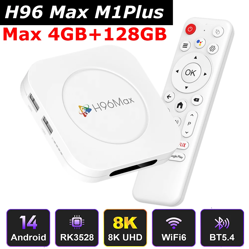 

Android 14 Smart TV BOX H96 MAX M1PLUS Rockchip RK3528 Max 4GB 128GB Wifi6 BT5.4 8K Video Decoding 100M Lan Set Top Box