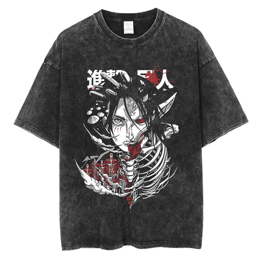 T-shirt imprimé Attack on Titan Eren Jaeger 2026 pour hommes et femmes, T-shirt en coton vintage de haute qualité, effet délavé