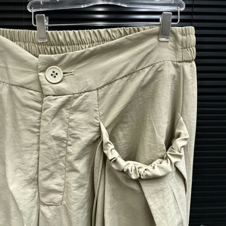 Casual Wide Leg Pants Mid Waist Urban with Summer Pocket Full Length Loose Fit Drawstring Japanese Korean Casual Women Pants