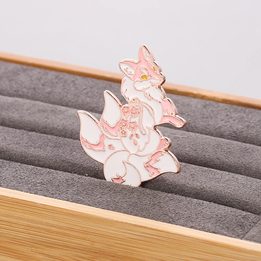 Sweet Pink Cherry Flower Fox Enamel Pin for Women Girls Lovely Bag Scarf Accessories