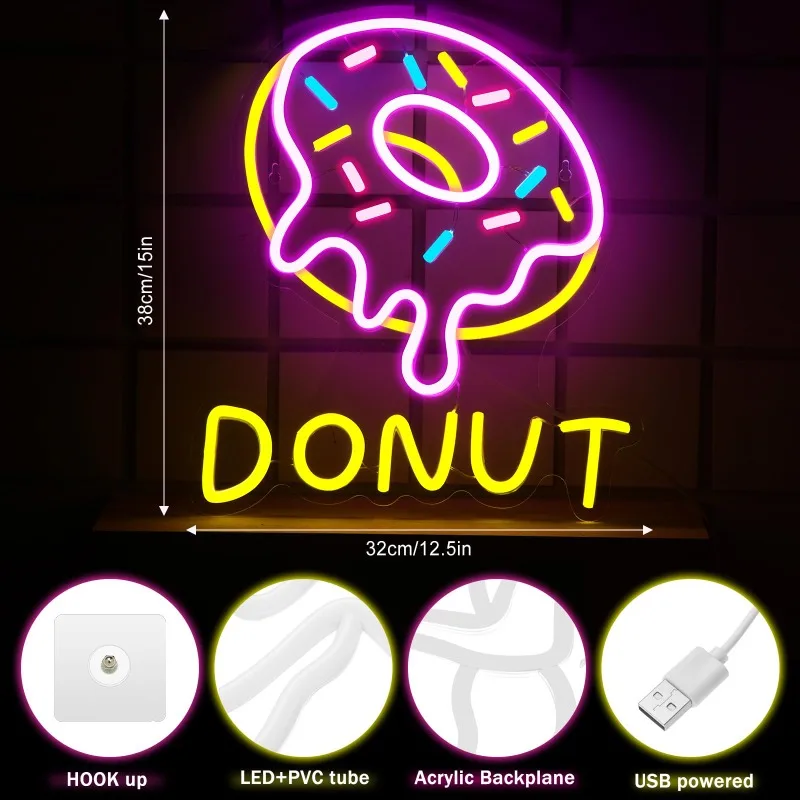 Donut Neon Sign LED Wall Decor USB Alphabet 15 Inch Indoor Decor Dessert Shop Restaurant Bar Nightclub Beach Store 5V USB