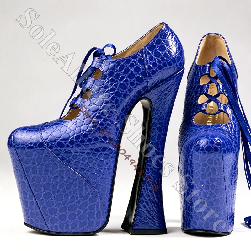 Super Elevated Gillie Platform High Heels Blue Croc Lace Up Pumps Vintage Punk Show Block Heel Dress Shoes