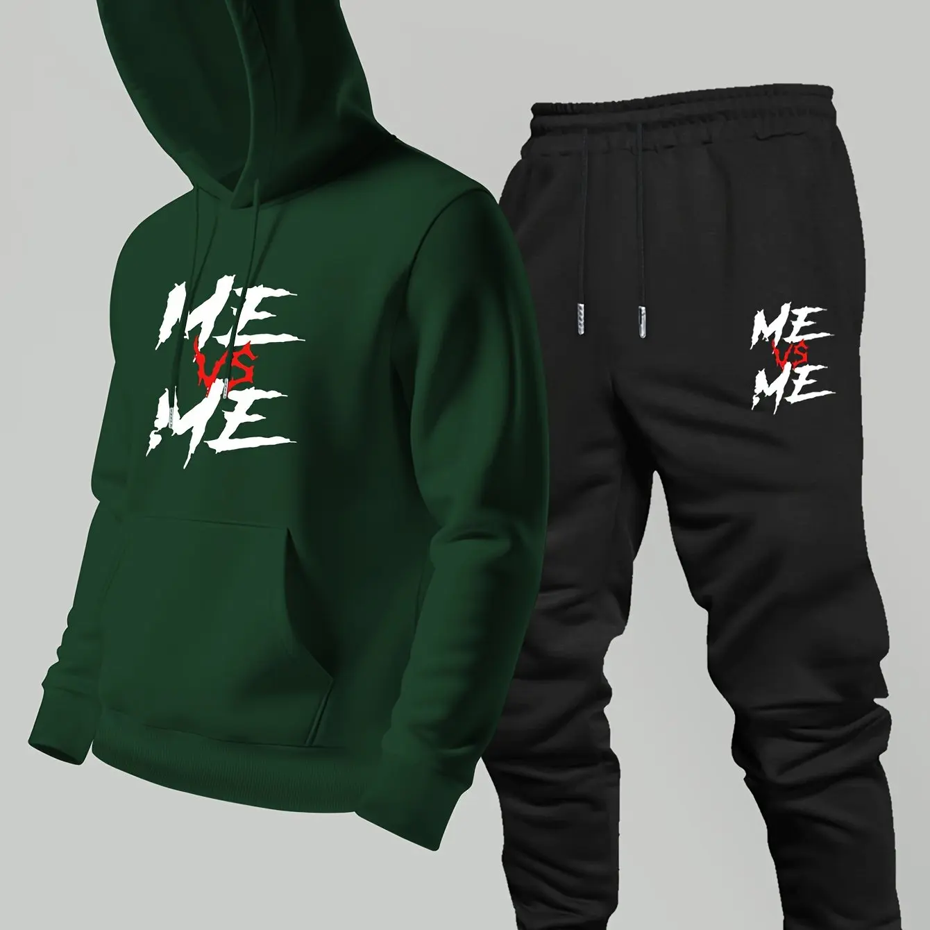 Men's trendy casual hooded sweatshirt and pants set for autumn/winter with printed design. Comfortable and sporty casual outfit